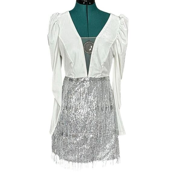 Double Crazy White Velvet Silver Sequin Fringe Mini Dress Women’s Size S - Picture 2 of 11